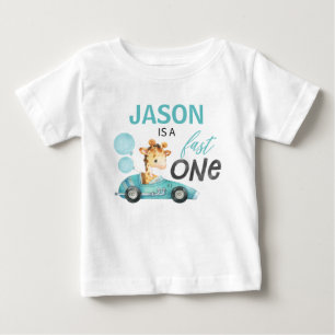 Blue Racing Car Giraffe 1st Birthday T-shirt