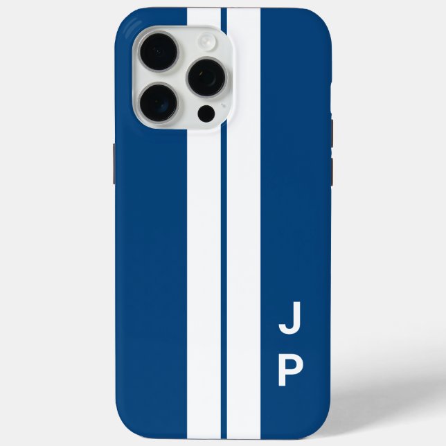 Blue Racing Car Stripes Minimal Initials Monogram Case-Mate iPhone Case (Back)