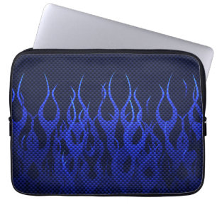 Blue Racing Flames on Carbon Fiber Print Laptop Sleeve