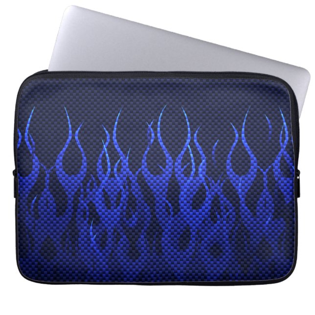 Blue Racing Flames on Carbon Fiber Print Laptop Sleeve (Front)