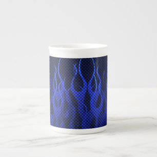 Blue Racing Flames on Carbon Fibre Print Bone China Mug