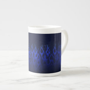 Blue Racing Flames on Carbon Fibre Print Bone China Mug