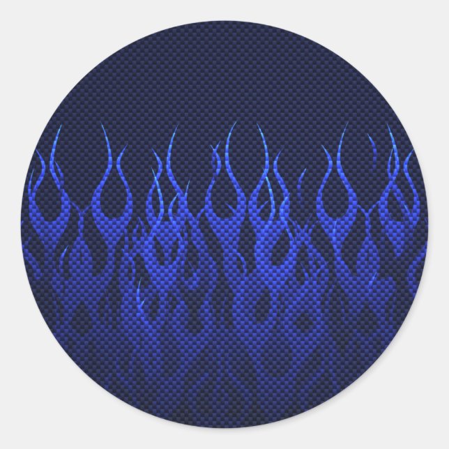 Blue Racing Flames on Carbon Fibre Print Classic Round Sticker (Front)