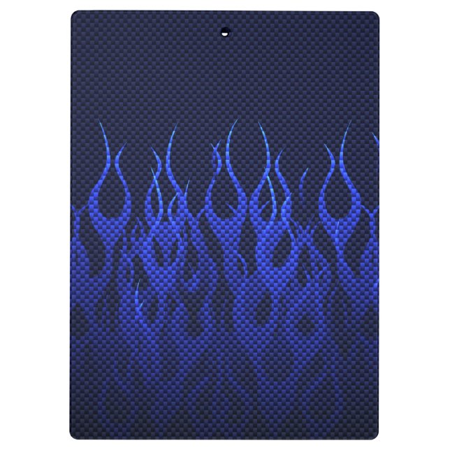 Blue Racing Flames on Carbon Fibre Print Clipboard (Back)