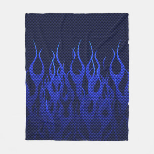 Blue Racing Flames on Carbon Fibre Print Fleece Blanket