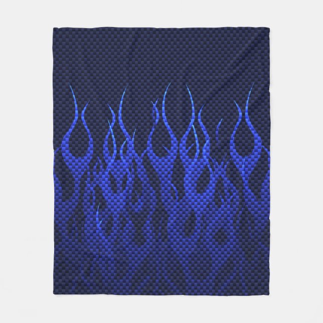 Blue Racing Flames on Carbon Fibre Print Fleece Blanket (Front)