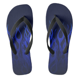 Blue Racing Flames on Carbon Fibre Print Flip Flops