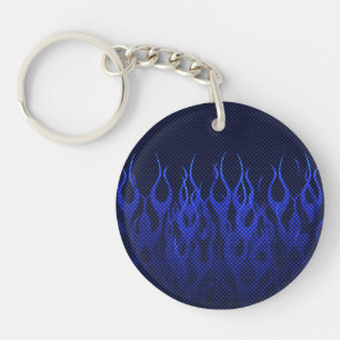 Blue Racing Flames on Carbon Fibre Print Key Ring