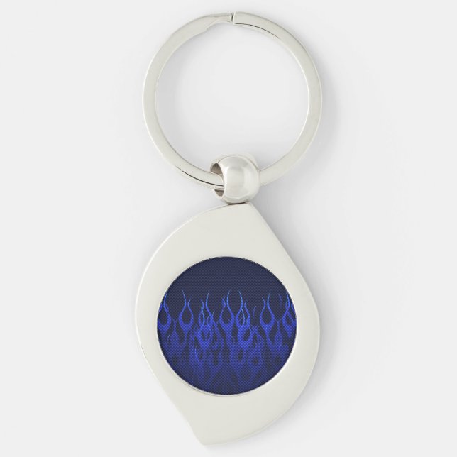 Blue Racing Flames on Carbon Fibre Print Key Ring (Front)