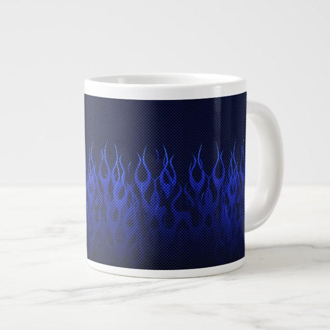 Blue Racing Flames on Carbon Fibre Print Large Coffee Mug (Front Right)