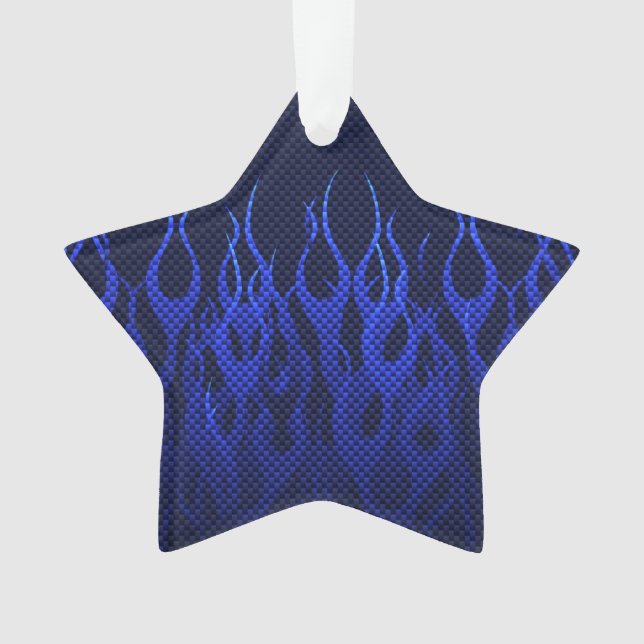 Blue Racing Flames on Carbon Fibre Print Ornament (Front)