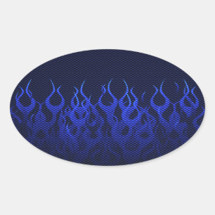Blue Racing Flames on Carbon Fibre Print Oval Sticker