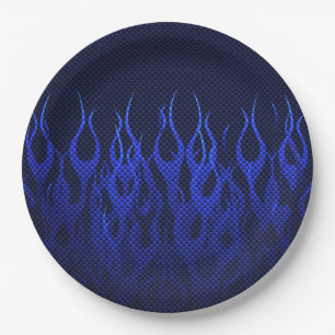Blue Racing Flames on Carbon Fibre Print Paper Plate
