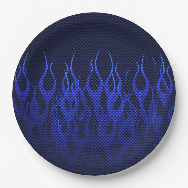 Blue Racing Flames on Carbon Fibre Print Paper Plate (Front)
