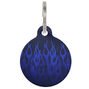 Blue Racing Flames on Carbon Fibre Print Pet Tag