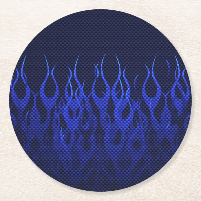 Blue Racing Flames on Carbon Fibre Print Round Paper Coaster (Front)