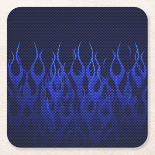 Blue Racing Flames on Carbon Fibre Print Square Paper Coaster