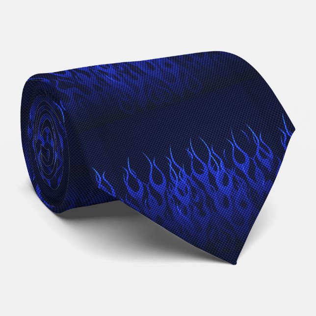 Blue Racing Flames on Carbon Fibre Print Tie (Rolled)