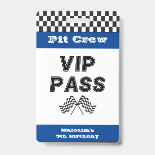 Blue Racing Party Pit Crew VIP Pass Pit Stop ID Badge