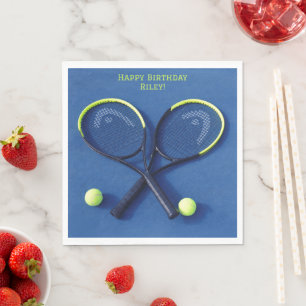 Blue  Rackets and Balls Birthday Tennis Party Napkin