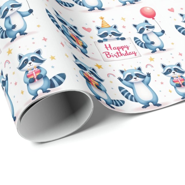 Blue Racoon Birthday Celebration Scene - Birthday Wrapping Paper (Roll Corner)