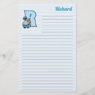 Blue Racoon Mongram Letter R with Name Lined Stationery