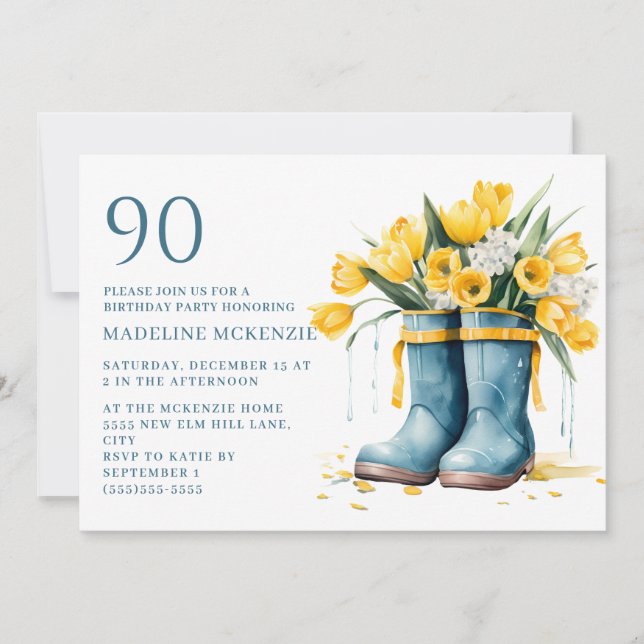 Blue Rainboots Yellow Tulips 90th Birthday Invitation (Front)
