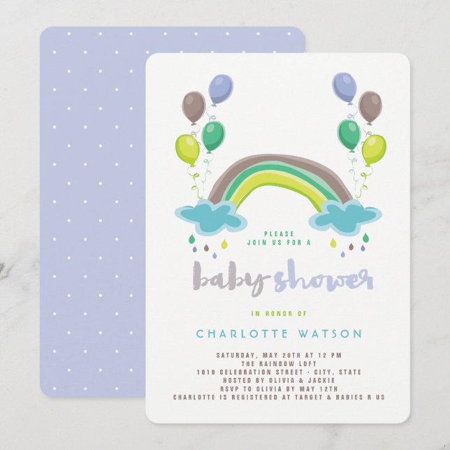Blue Rainbow & Balloons Boy Baby Shower Invitation (Front/Back)