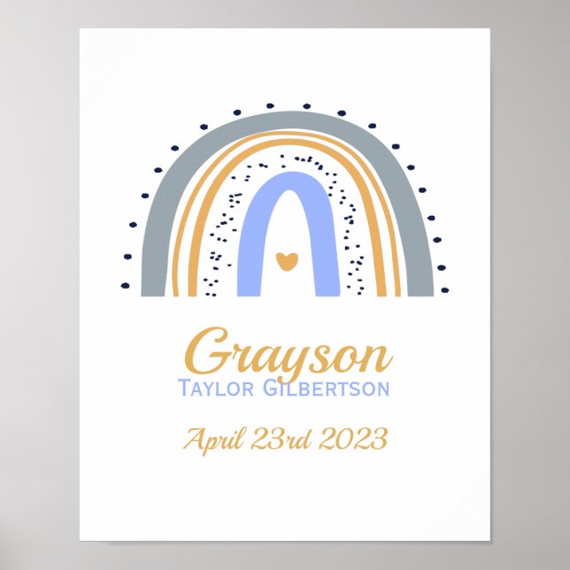 Blue Rainbow Birth Date Nursery Poster (Front)