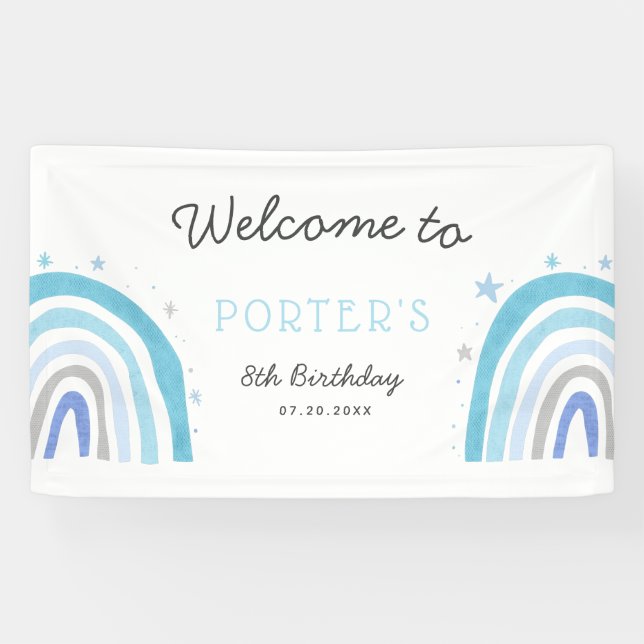 Blue Rainbow Birthday Party Welcome Banner (Horizontal)