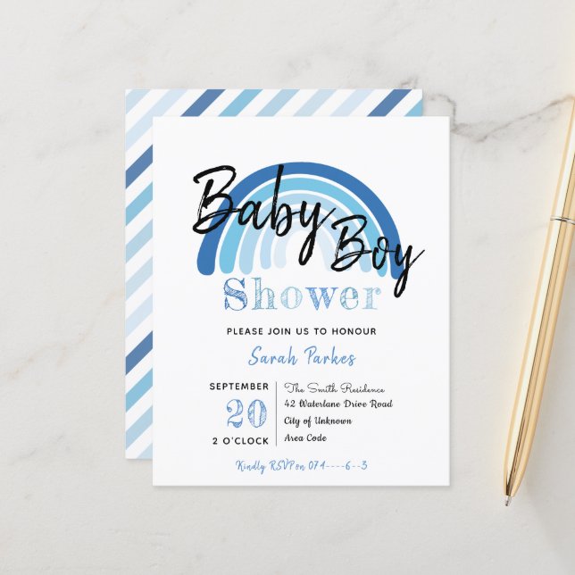 Blue Rainbow Boy Baby Shower Budget Invitation (Front/Back In Situ)