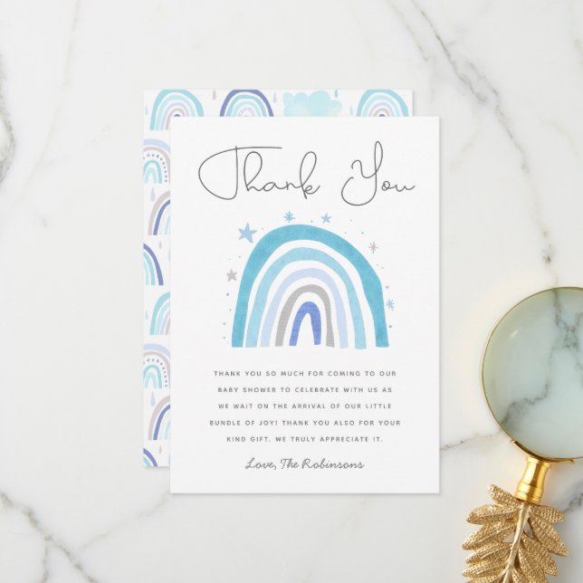 Blue Rainbow Boy's Baby Shower Thank You Card (Front/Back In Situ)