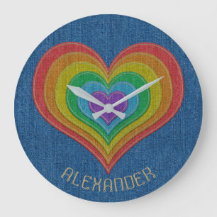 Blue Rainbow Denim Jeans 6 Hearts Name Customised Large Clock