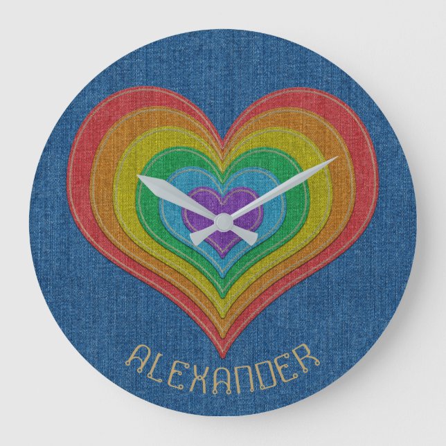 Blue Rainbow Denim Jeans 6 Hearts Name Customised Large Clock (Front)