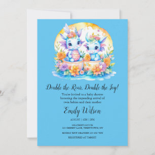 Blue Rainbow Floral Twin Baby Dragons Baby Shower Invitation