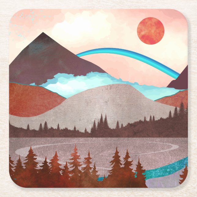 Blue Rainbow Landscape Square Paper Coaster (Front)
