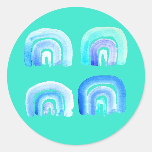 Blue rainbow retro turquoise classic round sticker (Front)