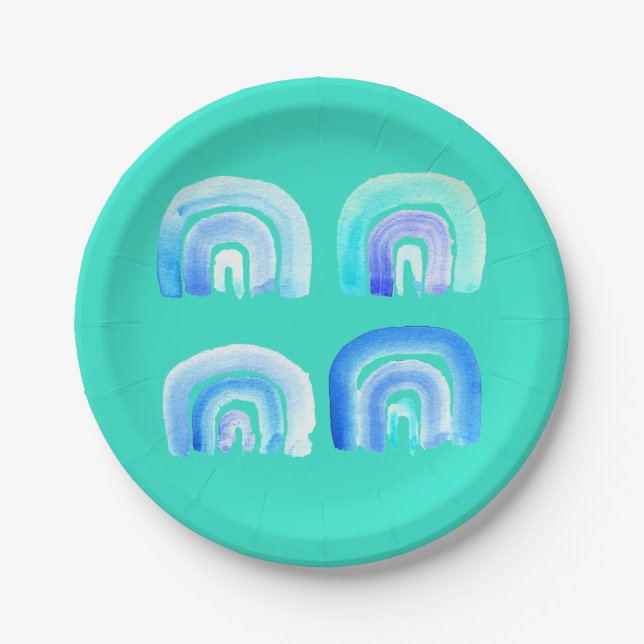 Blue rainbow retro turquoise paper plate (Front)