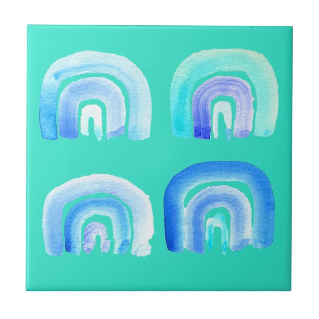 Blue rainbow retro turquoise tile (Front)