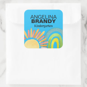 Blue Rainbow & Sun First Day of School Kids Labels