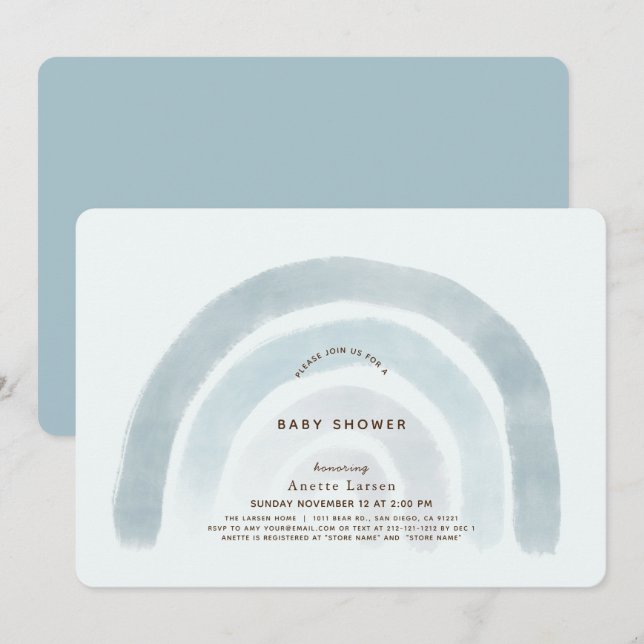 Blue Rainbow Watercolor Boy Baby Shower Invitation (Front/Back)