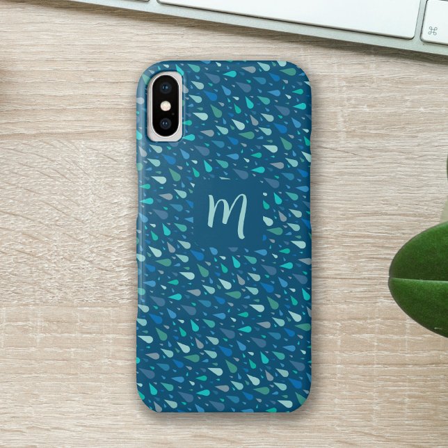 Blue raindrops monogram Case-Mate iPhone case (Modern blue waterdrops personalized initial iphone mask
)
