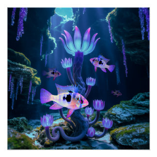 Blue Ram Cichlids Fantasy Surreal Aquarium Fish Poster