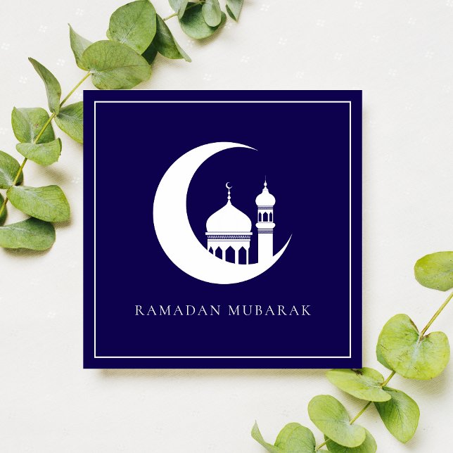 Blue Ramadan Mubarak Crescent Moon Mosque  Holiday Card (Creator Uploaded)