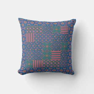 Blue Rangoli Patterns Faux Patchwork Throw Pillow