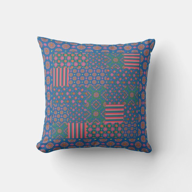 Blue Rangoli Patterns Faux Patchwork Throw Pillow (Front)