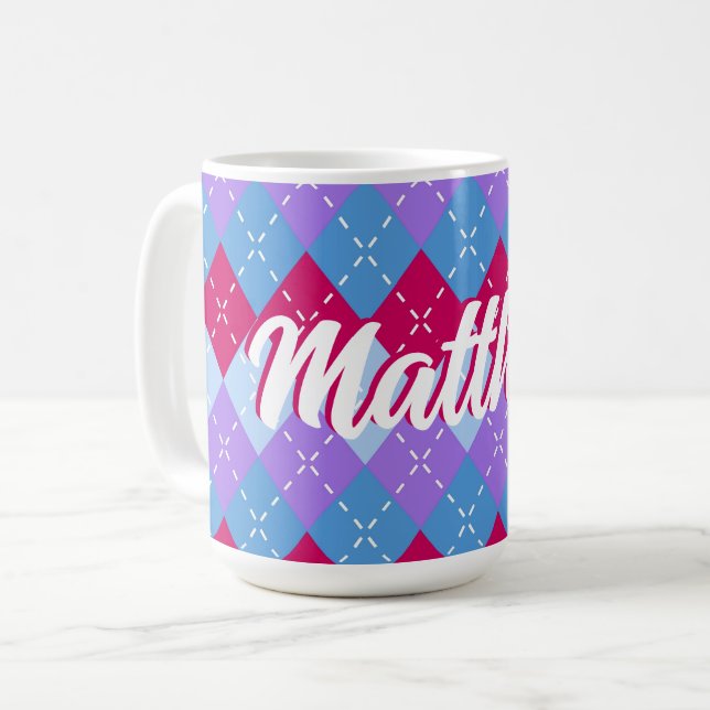Blue Raspberry Lavender Magenta Argyle Personalise Coffee Mug (Front Left)