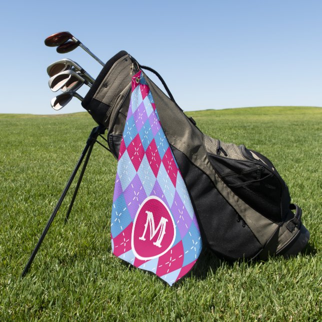 Blue Raspberry Lavender Magenta Argyle Personalise Golf Towel (Green)