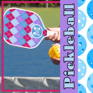 Blue Raspberry Lavender Magenta Argyle Personalise Pickleball Paddle