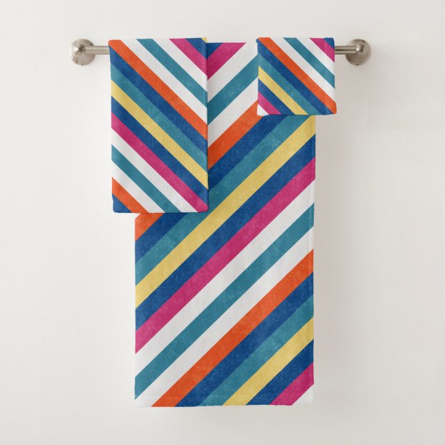Blue Raspberry Orange Yellow White Stripes Pattern Bath Towel Set (Insitu)